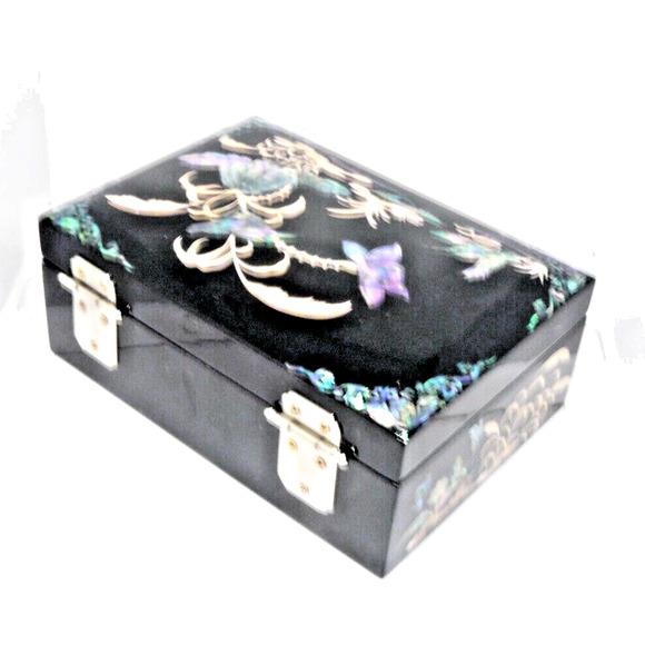 Asian Black Lacquer Jewelry Box MOP & Abalone Bird Floral Inlay Turtle Latch VTG - Picture 4 of 4